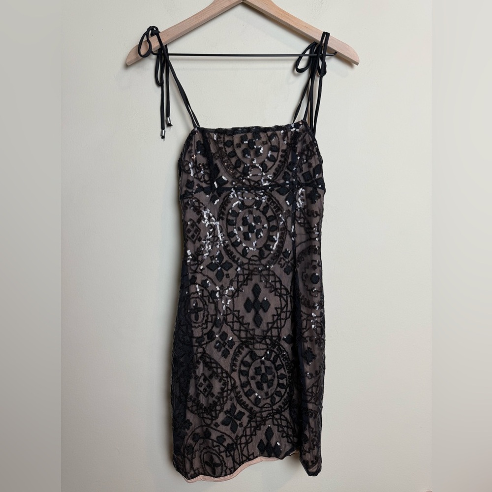 Free People Womens Sequin Spaghetti Strap Slip Mini Dress Size 4 Black Night Out